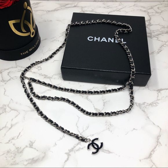 CHANEL Jewelry - AUTH CHANEL 2006 Interlocking black leather trim silver CC Logo Waist Belt Chain